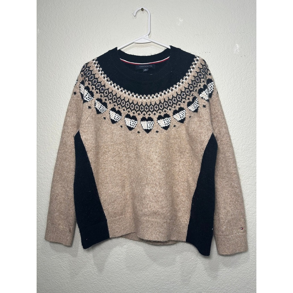 Tommy Hilfiger Womens Fair Isle Heart Sweater Tan Navy Blue Crew Neck XL Pullove